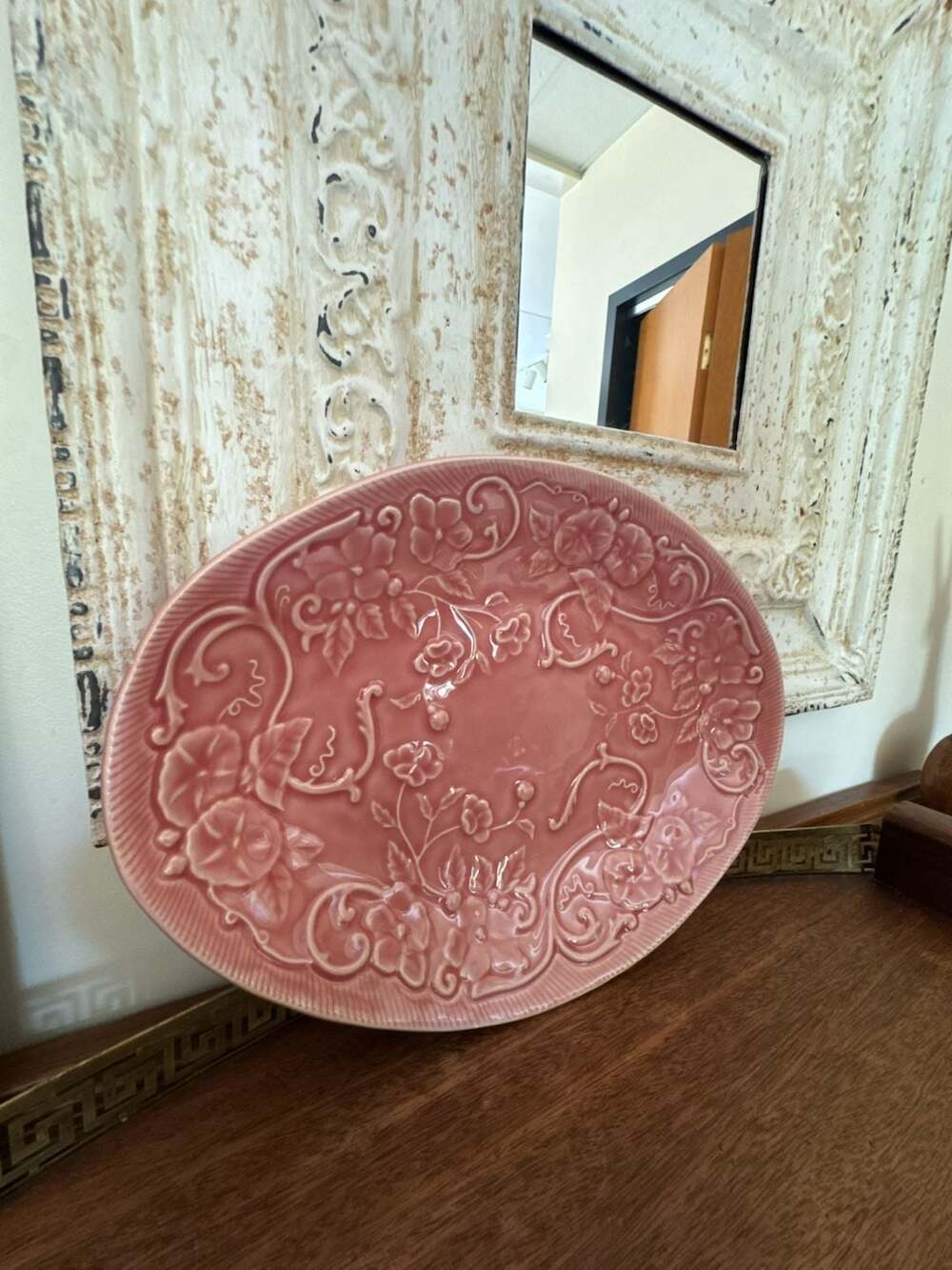 Bordallo Pinheiro Pink Majolica Floral Embossed Oval Platter Made in Portugal